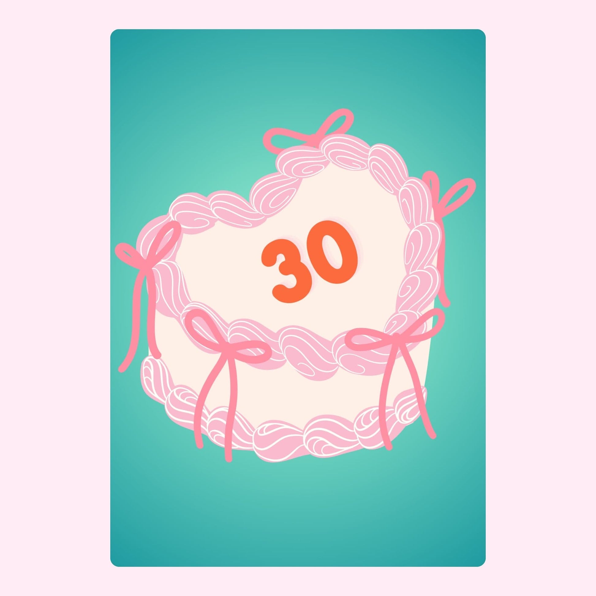 cute illustrated 30th birthday cake with pink icing and bows on teal background