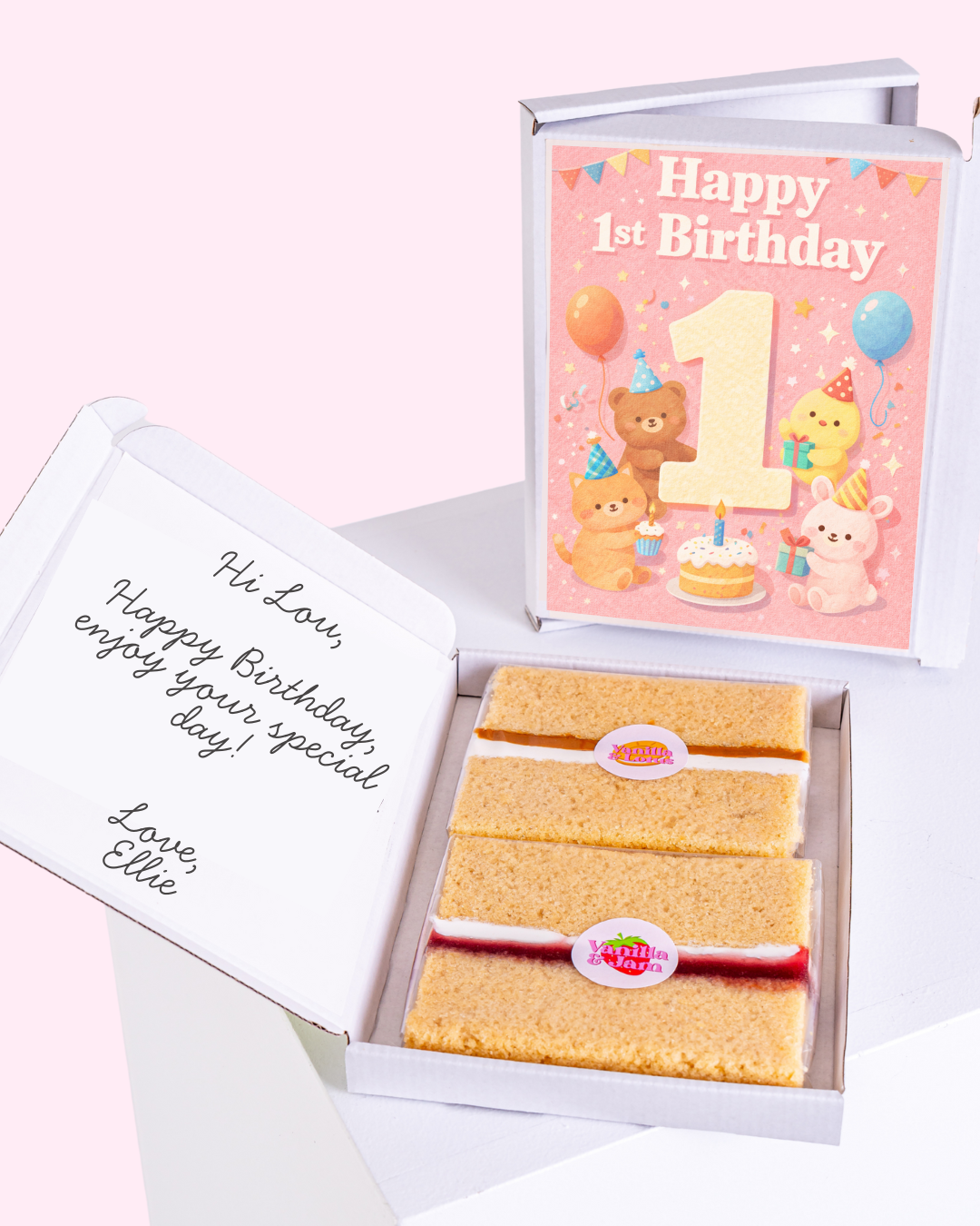 Personalised 1st birthday cake letterbox gift with cute animal card