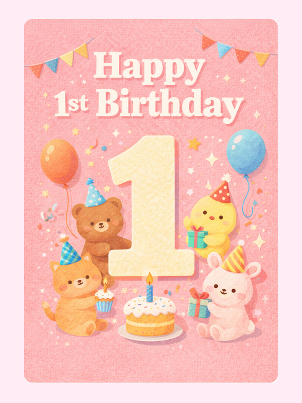 Cute Animal 1st Birthday Cake Card
