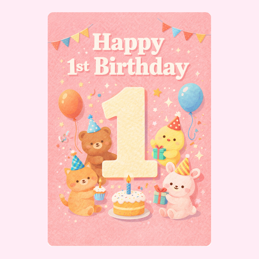 Cute animal 1st birthday card with number one and balloons