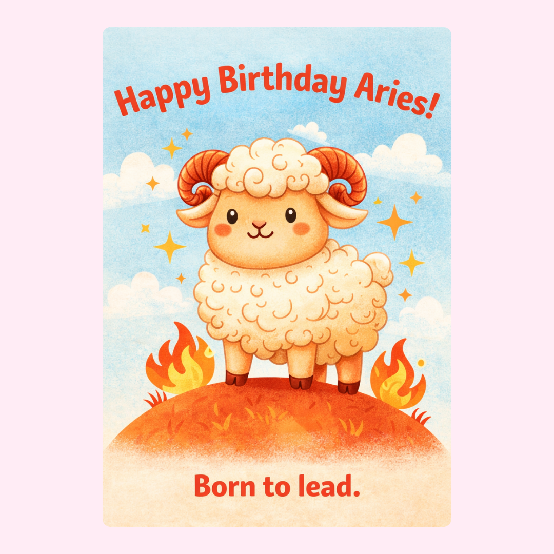 Adorable Aries zodiac birthday card with fluffy ram character and fiery born to lead quote