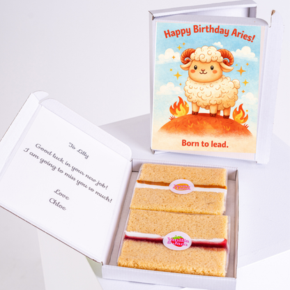 Cute Aries birthday cake gift box featuring cartoon ram illustration with born to lead message