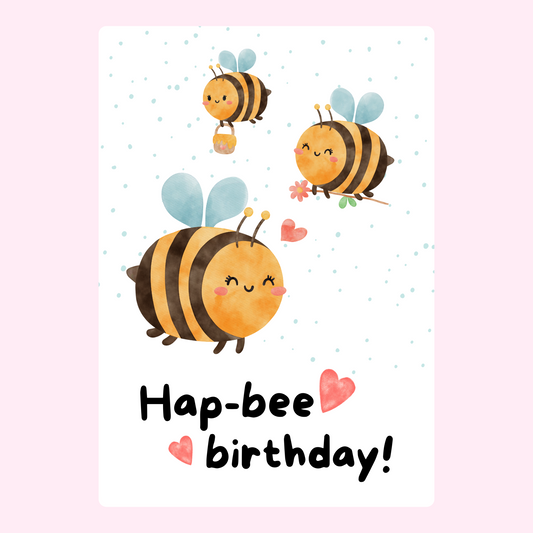 Cute bee illustration with hap bee birthday text and hearts in a playful card design