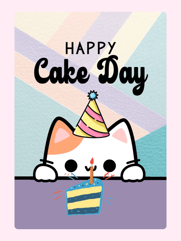 Cute cat wearing party hat with cake and candle and “Happy Cake Day” text on a pastel background