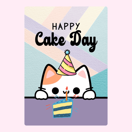 Cute cat wearing party hat with cake and candle and “Happy Cake Day” text on a pastel background