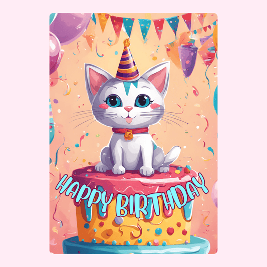 cute cat happy birthday cake card design with kitten on colorful cake and party decorations illustration