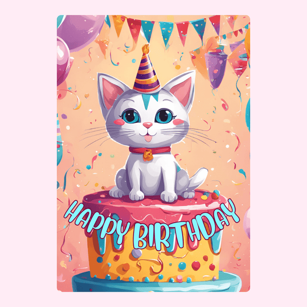 cute cat happy birthday cake card design with kitten on colorful cake and party decorations illustration
