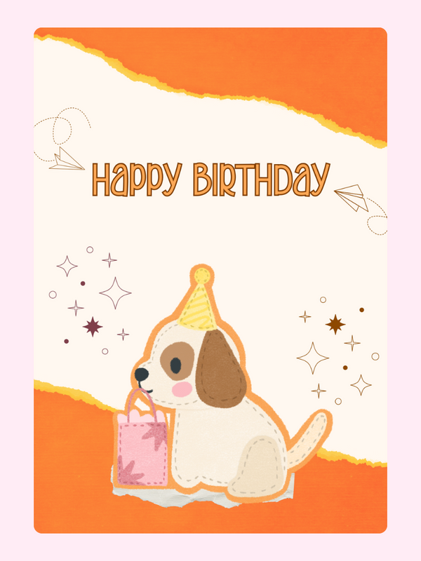 adorable puppy birthday card with party hat gift and happy birthday text