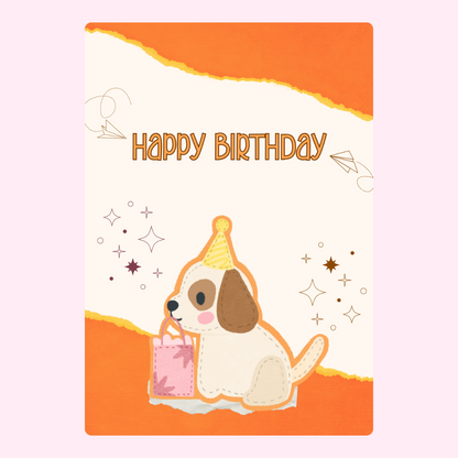 adorable puppy birthday card with party hat gift and happy birthday text