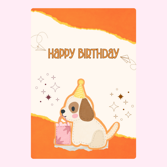 adorable puppy birthday card with party hat gift and happy birthday text