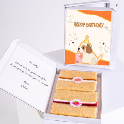 cute dog birthday card with party hat and gift in cake gift box