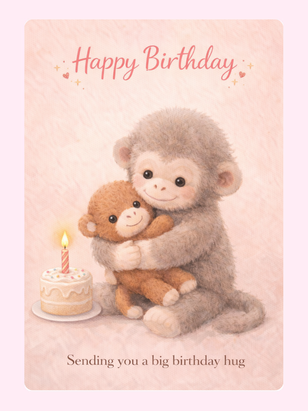 Cute illustrated monkey hugging teddy birthday card with cake and message sending you a big birthday hug