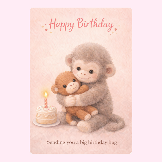 Cute illustrated monkey hugging teddy birthday card with cake and message sending you a big birthday hug