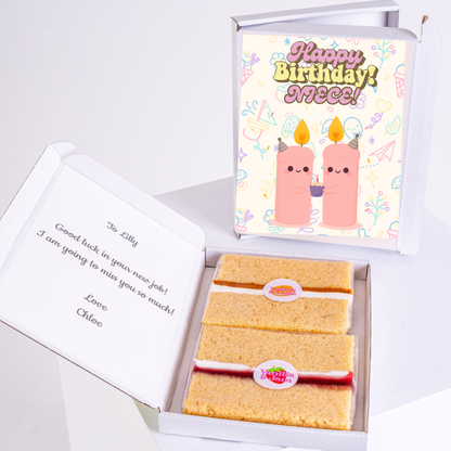 Cute niece birthday letterbox cake gift with kawaii birthday candles and pastel doodles