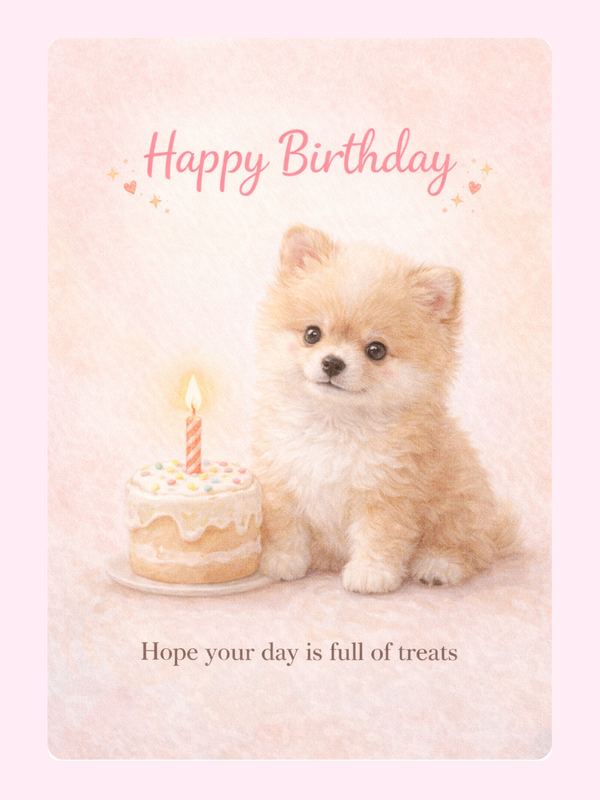 Cute puppy with a birthday cake and candle, “Happy Birthday” card design in soft pink tones