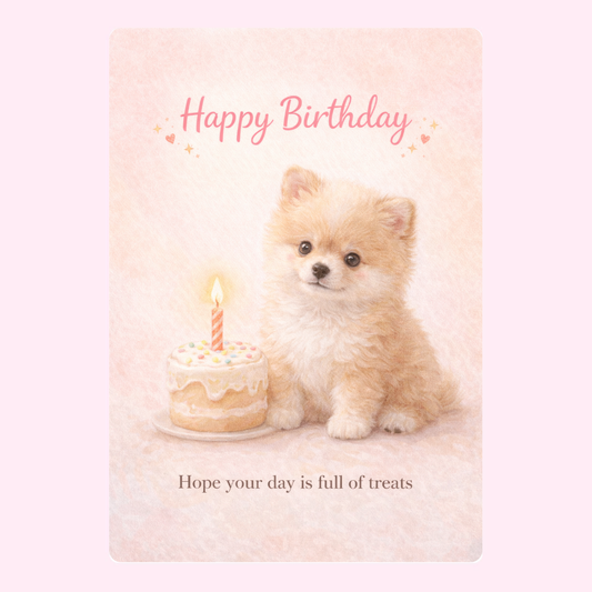 Cute puppy with a birthday cake and candle, “Happy Birthday” card design in soft pink tones