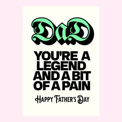 Funny Father's Day card with bold Dad typography and cheeky legend message