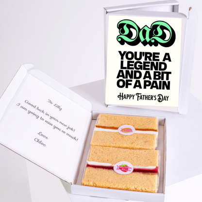 Father's Day gift box featuring 'Dad You're a Legend and a Bit of a Pain' cake card