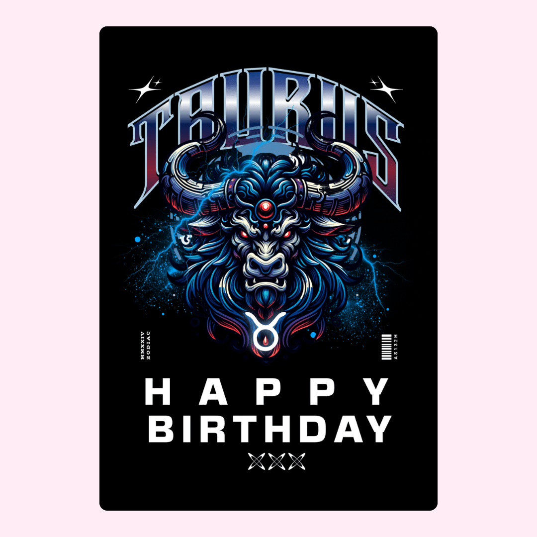 Taurus birthday card with neon bull illustration
