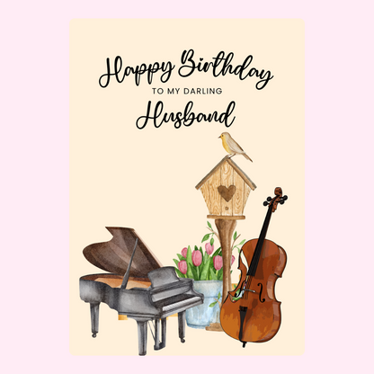 Elegant birthday cake card for darling husband with piano and violin illustration