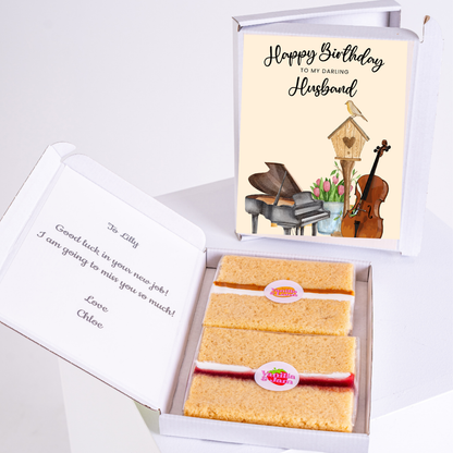 Birthday cake gift box for darling husband with elegant musical greeting card