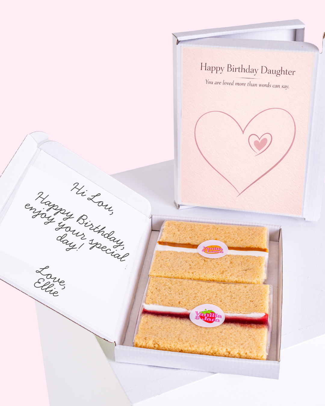 daughter birthday cake card with heart design and letterbox cake