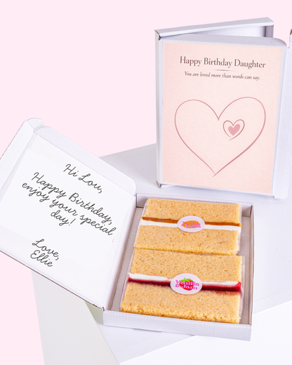 daughter birthday cake card with heart design and letterbox cake