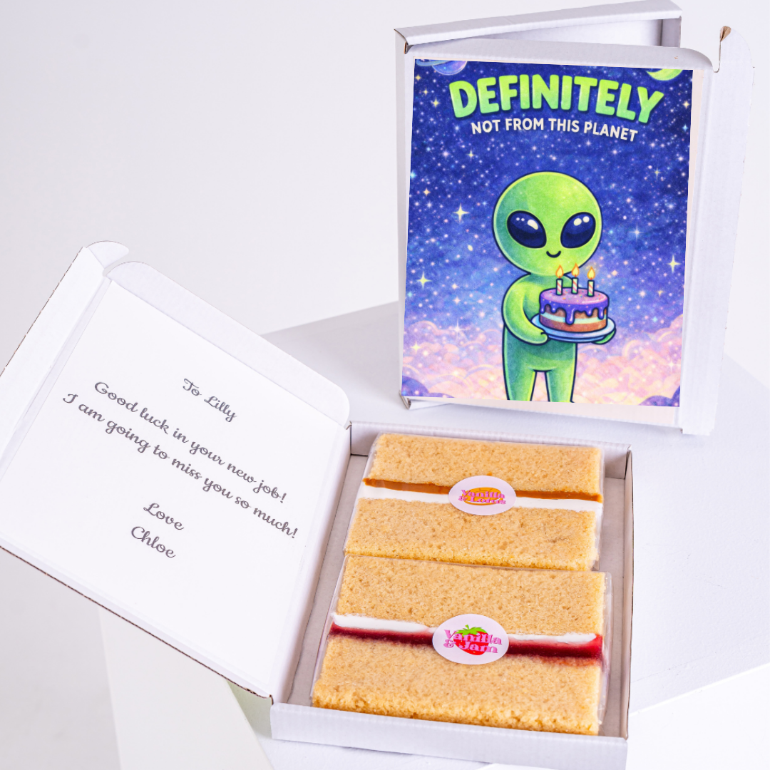 Alien-themed birthday card with a green alien holding a cake, surrounded by stars and the text "Definitely Not From This Planet."