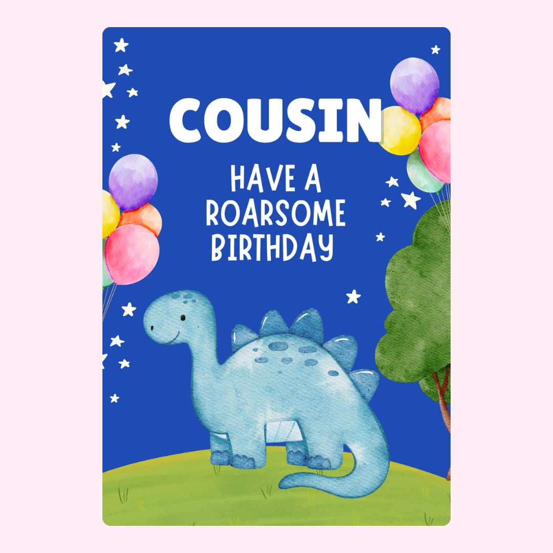 Cousin birthday card with cute dinosaur, balloons and roar some birthday message