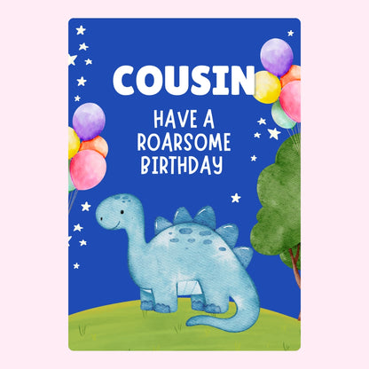 Cousin birthday card with cute dinosaur, balloons and roar some birthday message