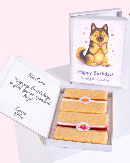 Birthday cake slice gift box with cute dog card sending fluffy cuddles