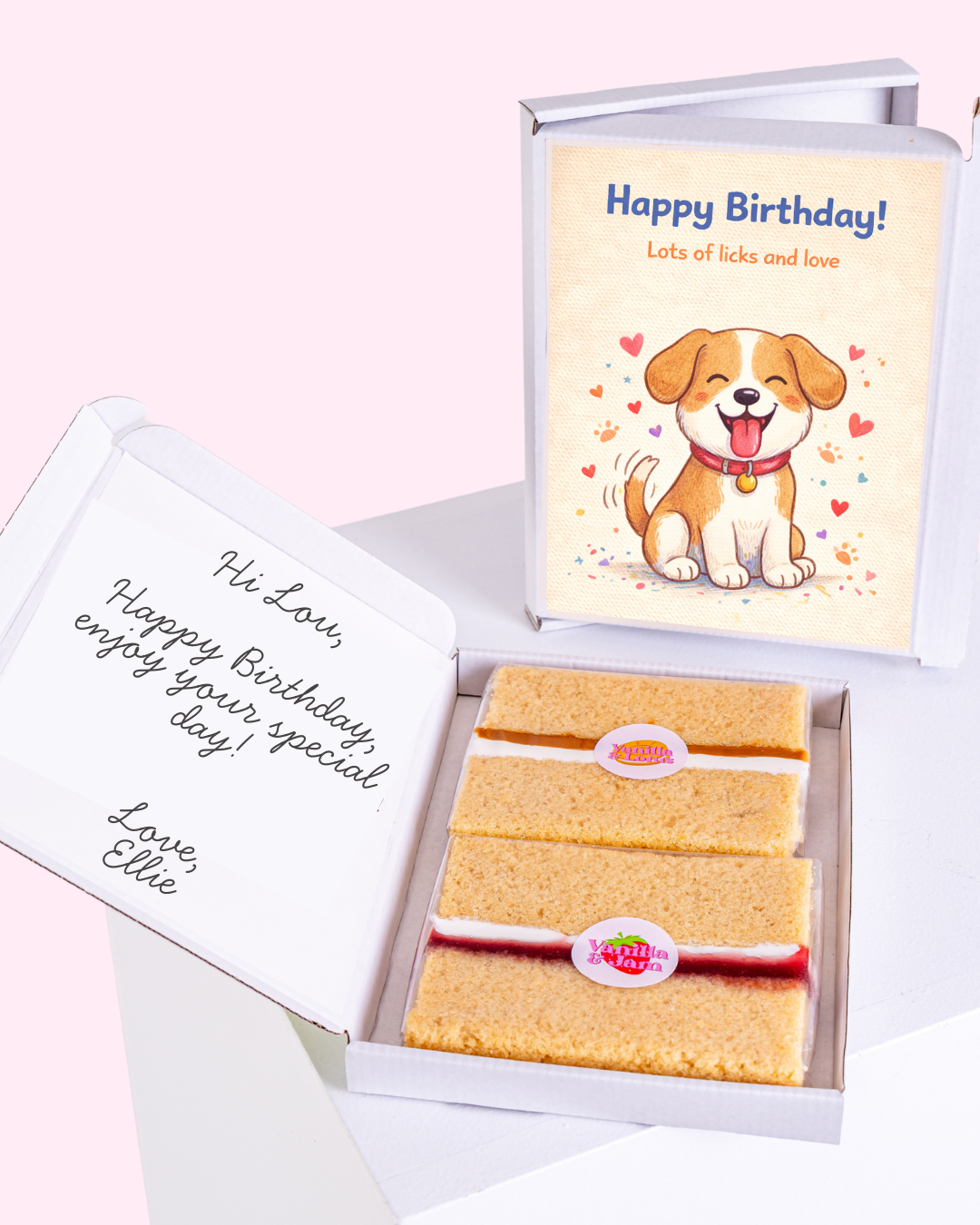 Birthday cake slice gift box with happy dog birthday card inside