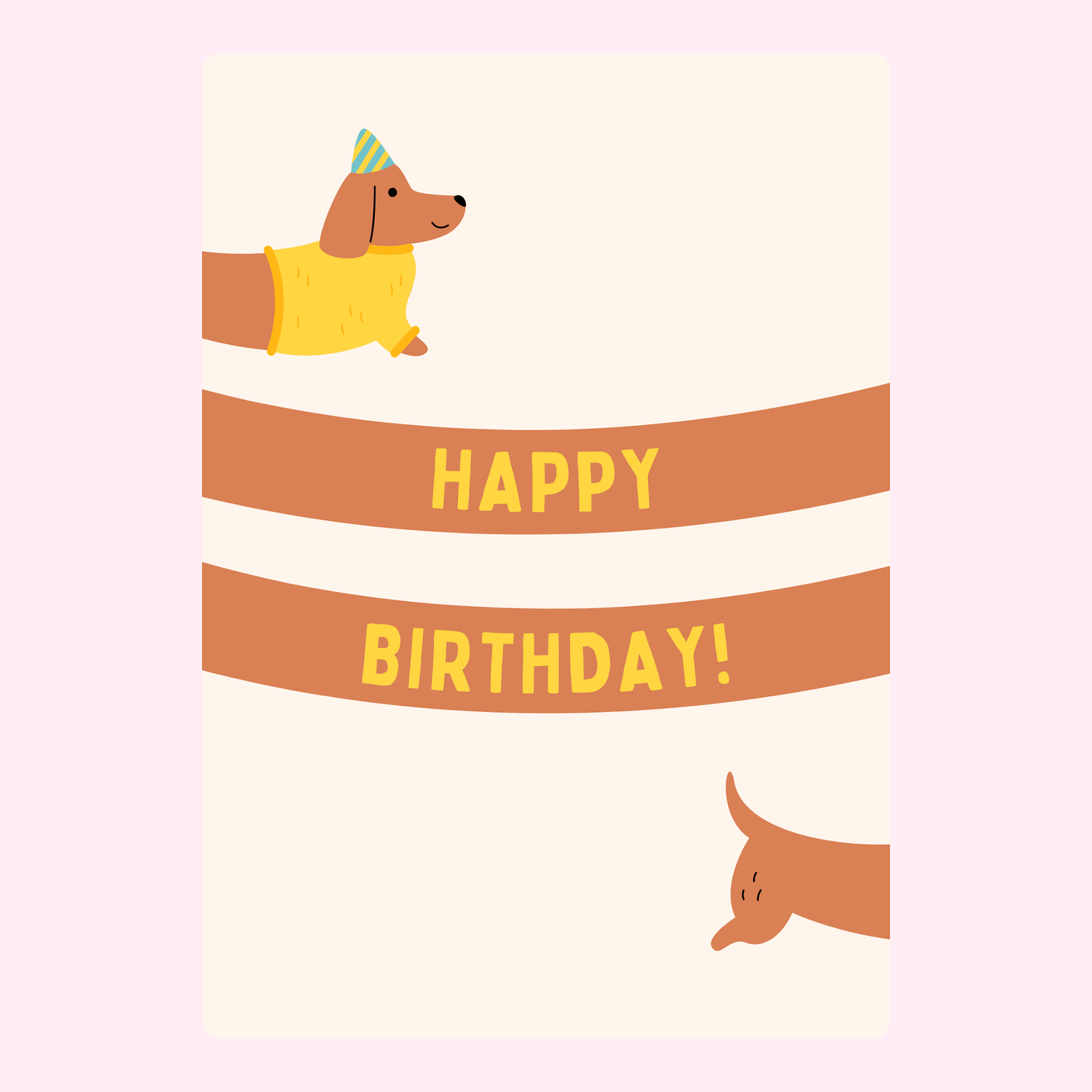 Dog-themed happy birthday card with party hat and banners