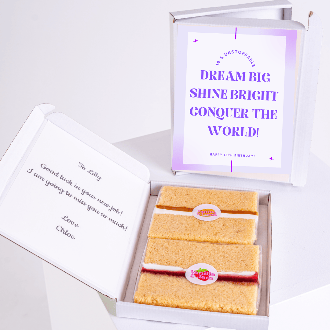 18th birthday cake card box with dream big shine bright message and mini cake slices