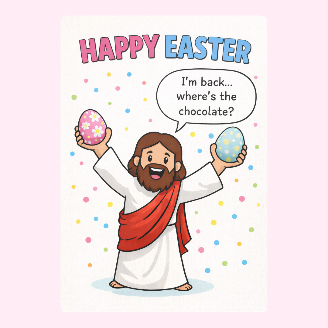 A playful Easter card featuring a capybara holding Easter eggs with the text "Happy Easter" and a humorous speech bubble.