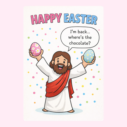 A playful Easter card featuring a capybara holding Easter eggs with the text "Happy Easter" and a humorous speech bubble.