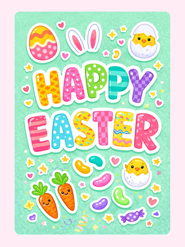 Bright and fun "Happy Easter" card with colourful eggs, bunnies, carrots, and jelly beans. Perfect for sending Easter wishes.