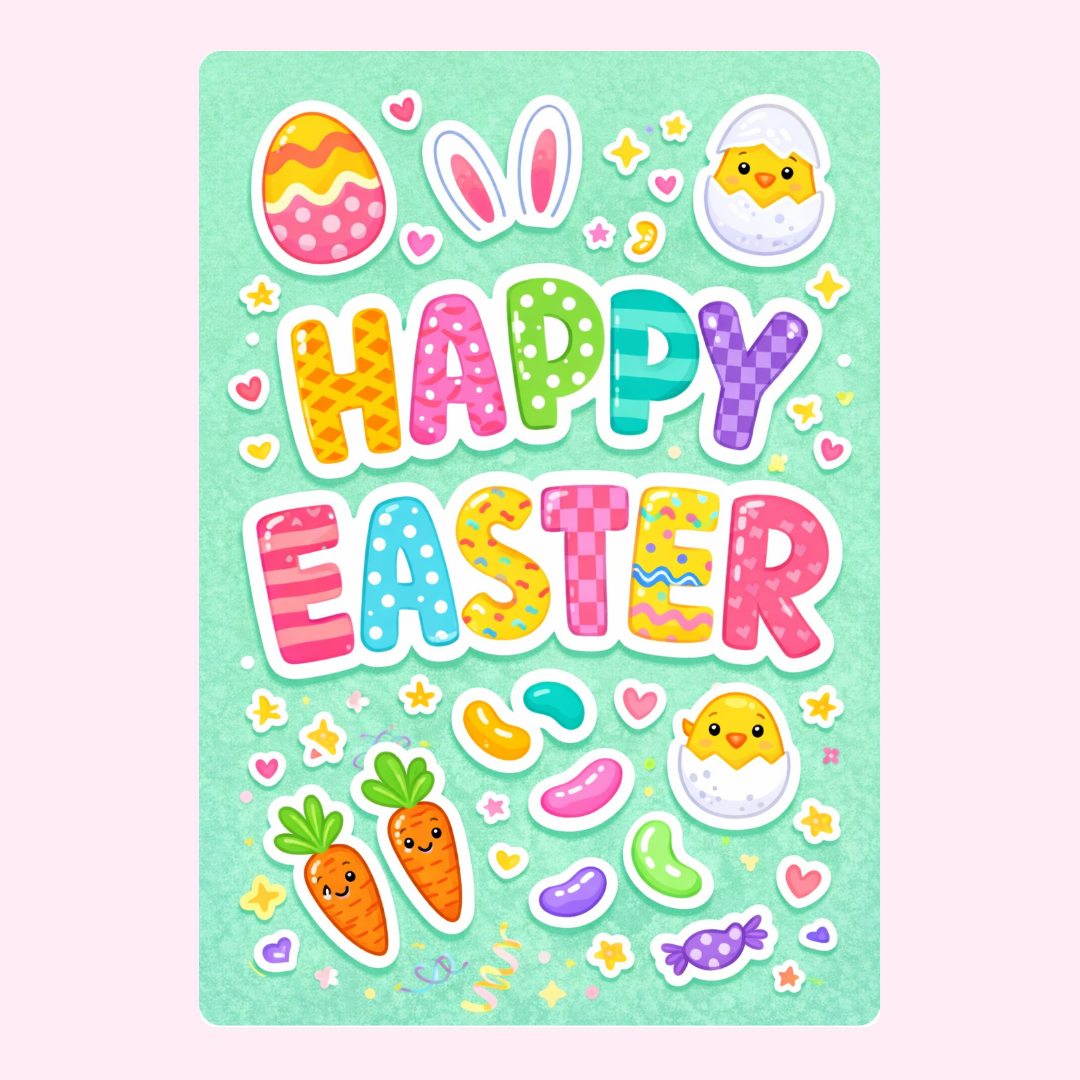 Bright and fun "Happy Easter" card with colourful eggs, bunnies, carrots, and jelly beans. Perfect for sending Easter wishes.