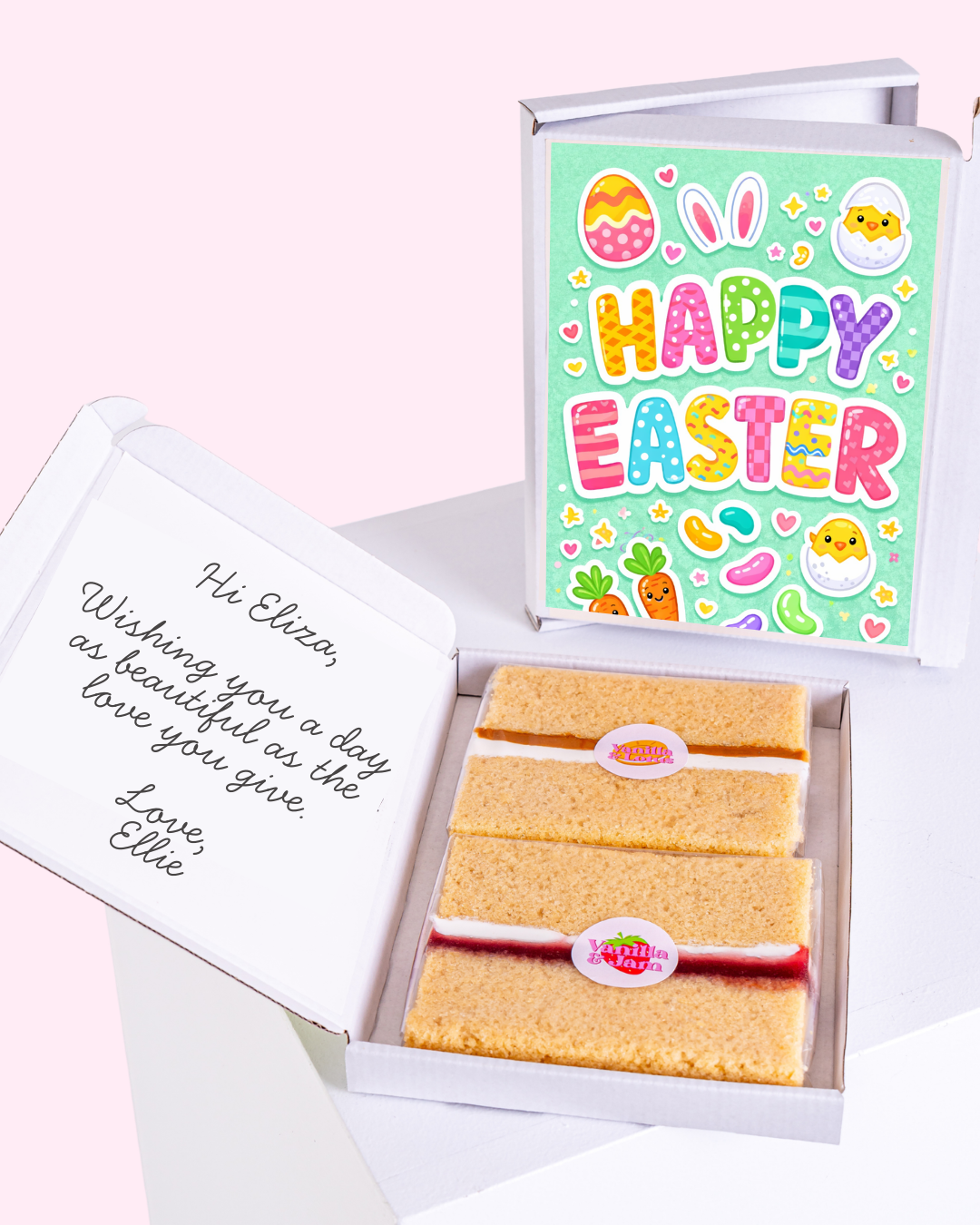 Colourful "Happy Easter" card with Easter eggs, bunnies, and candy design. Inside, a personalized message and two slices of cake in a gift box.