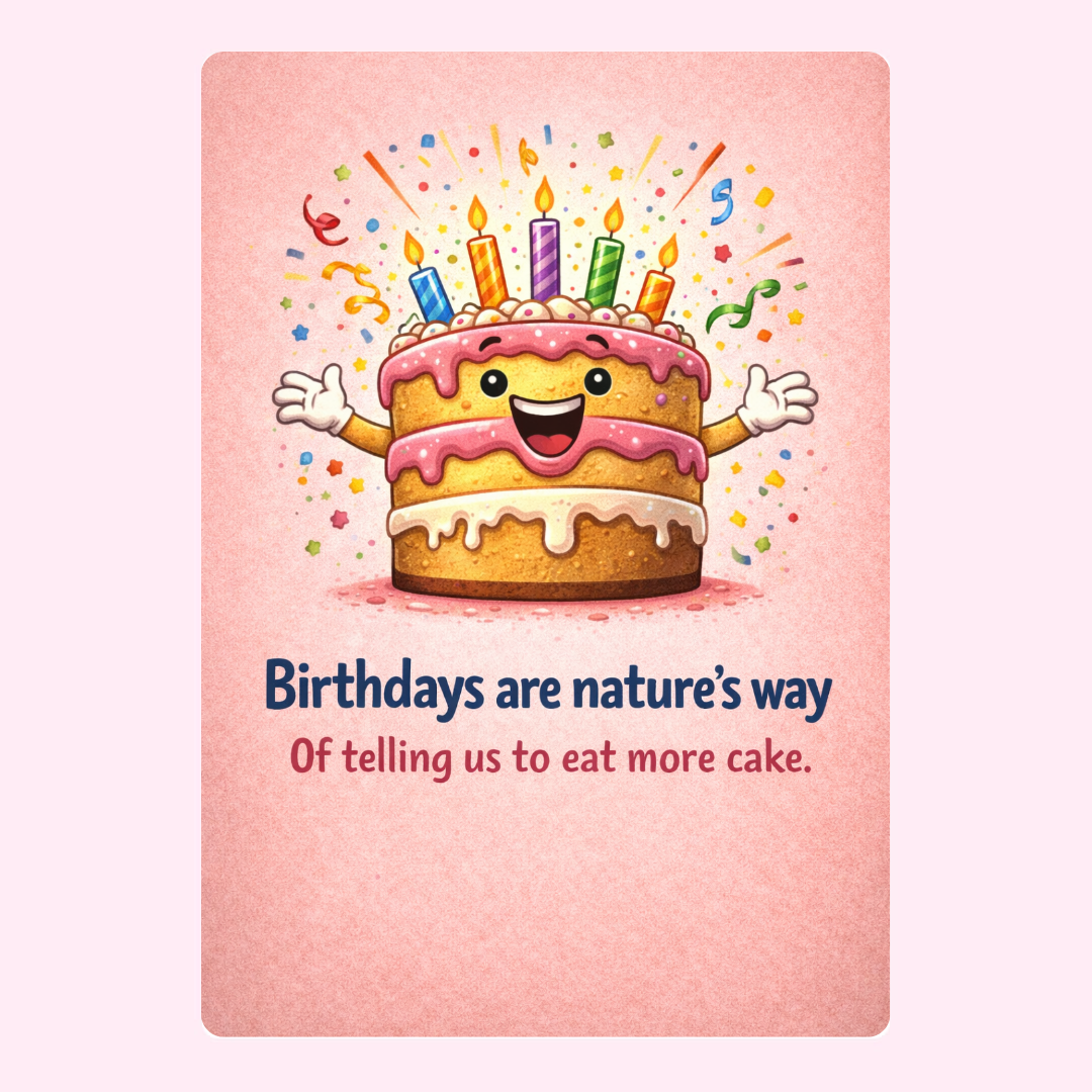 Funny birthday card with smiling cake saying birthdays are natures way of telling us to eat more cake