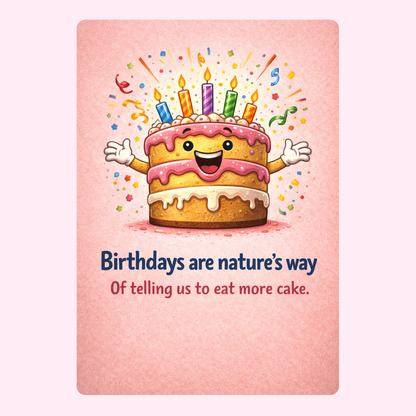 Funny birthday card with smiling cake saying birthdays are natures way of telling us to eat more cake