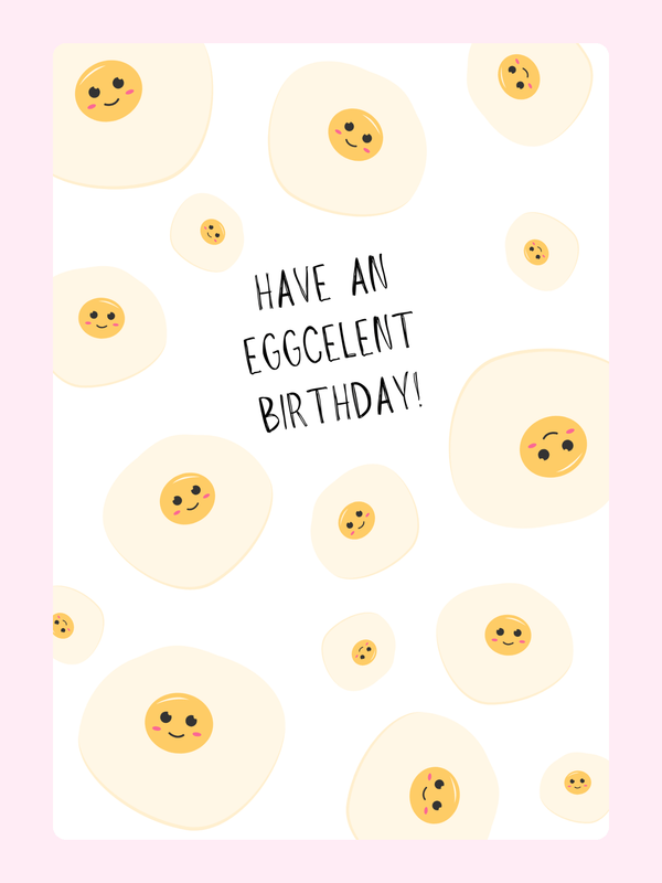 Funny birthday card with smiling eggs and text Have an eggcellent birthday on grey background