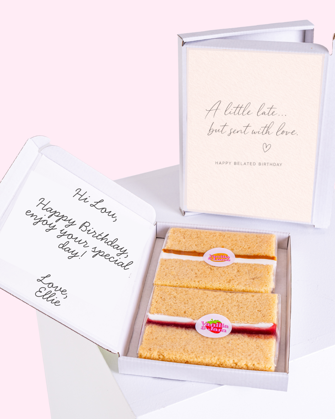 A belated birthday card with a warm message about being a little late but sending love, alongside two slices of cake.