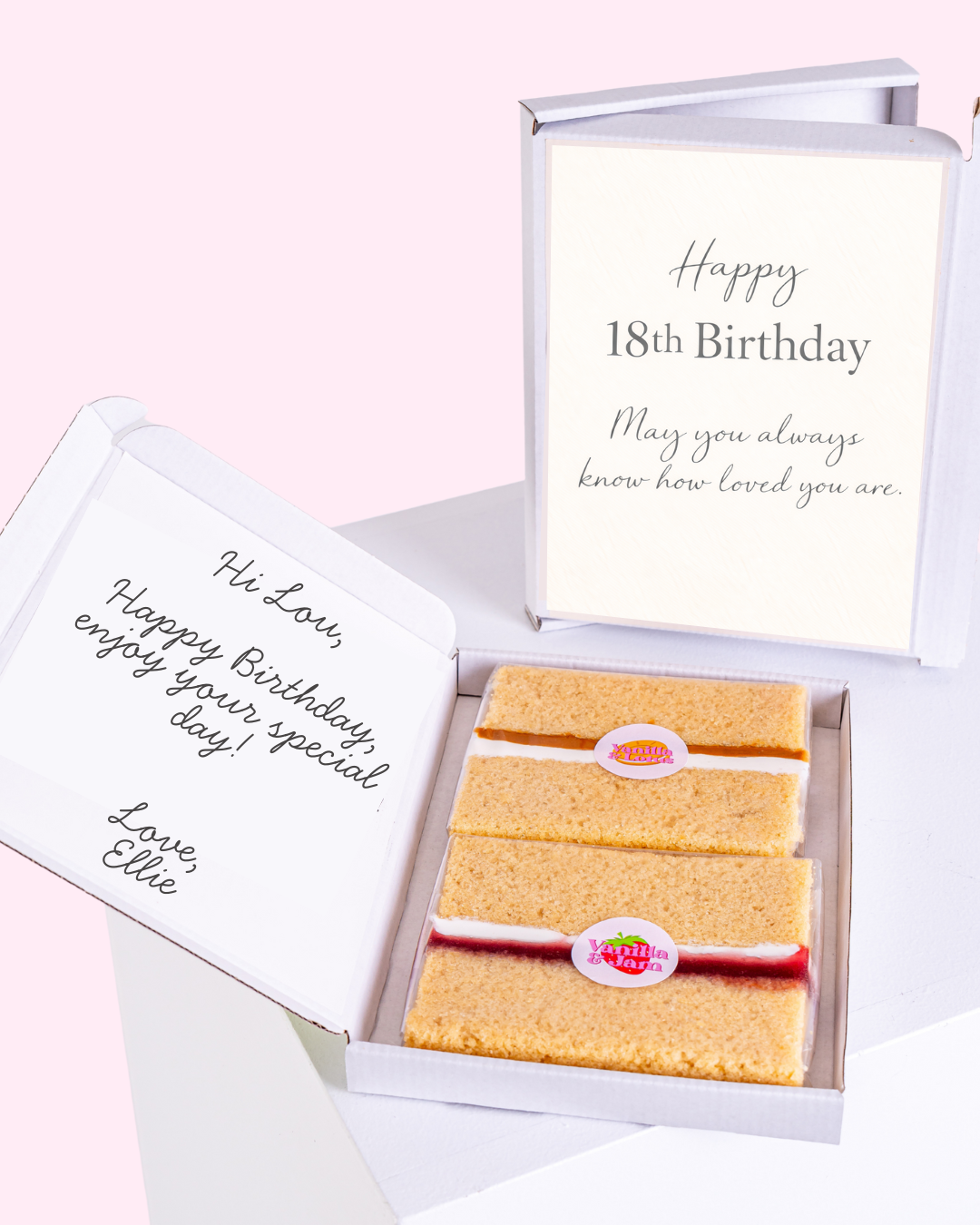 Elegant 18th birthday cake card with heartfelt message and mini cake slices in gift box