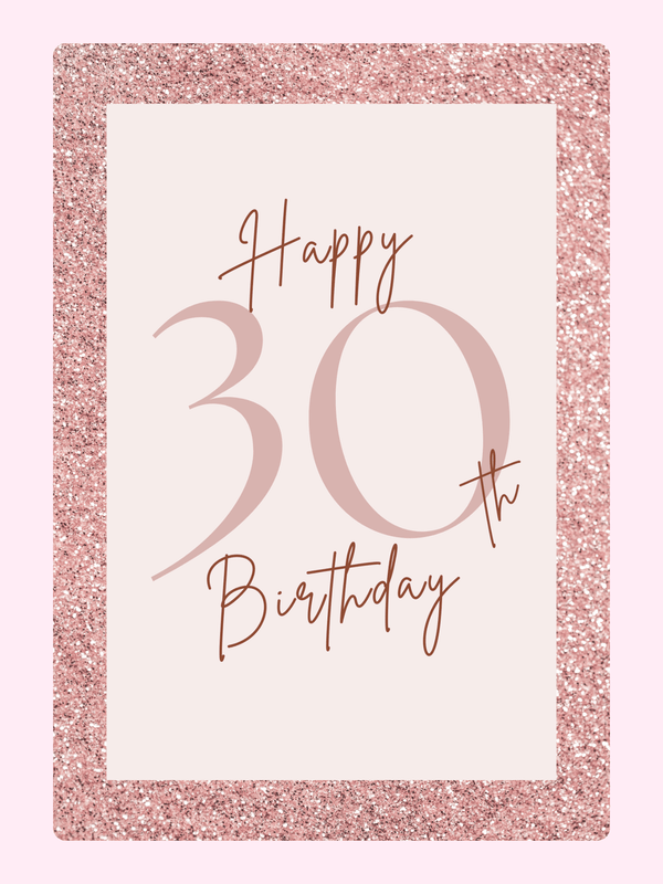 elegant 30th birthday card with glitter border and minimalist typography