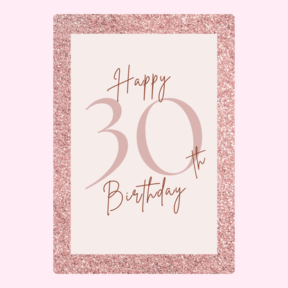 elegant 30th birthday card with glitter border and minimalist typography