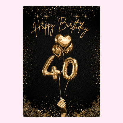 elegant 40th birthday card with gold balloon number 40 and black sparkly background