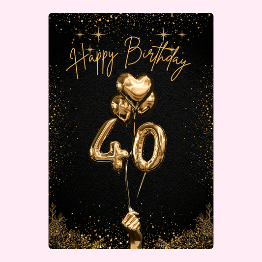 elegant 40th birthday card with gold balloon number 40 and black sparkly background