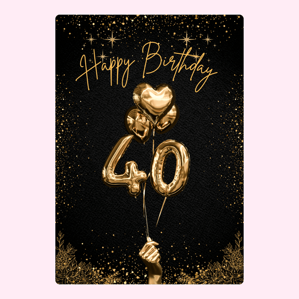 elegant 40th birthday card with gold balloon number 40 and black sparkly background