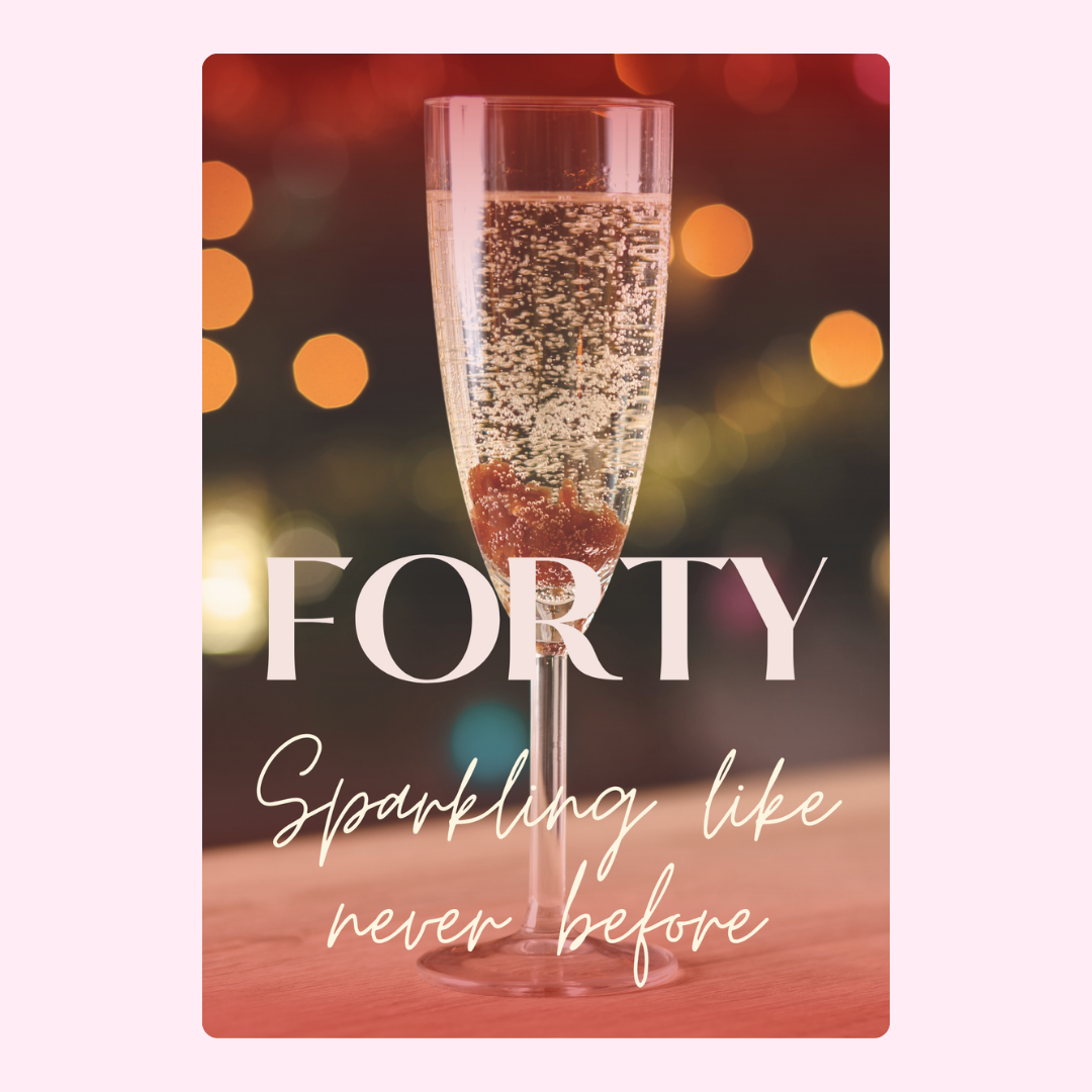 elegant 40th birthday card with champagne flute and warm bokeh lights background